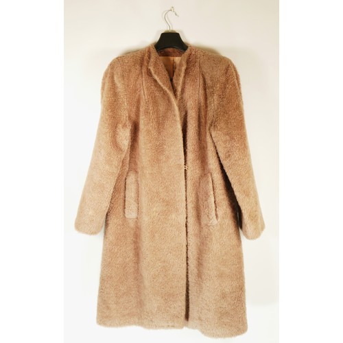 114 - A green long trench style coat, size 10 and a dusky pink short fur look long, lined coat, size 14, 4... 