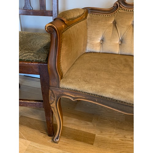 162 - A Saloon / Parlour loveseat, mahogany frame with carved floral motif, padded upholstered seat, on ca... 