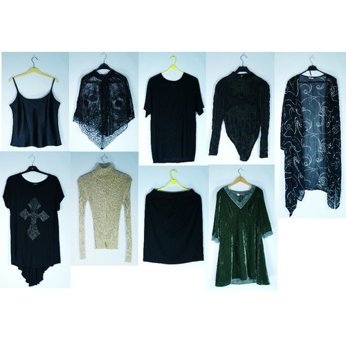 122 - A selection of clothing to include a 'Together' green crushed velvet dress v-neck lace detail with s... 