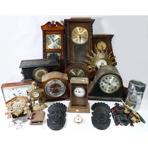 77 - A collection of mid 20th century mantel and wall clocks, manual wind and quartz movements for spares... 