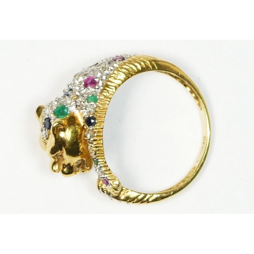 86 - An 18ct gold, diamond, ruby, emerald and sapphire leopard ring, by ZJ, London 1991, realistically mo... 