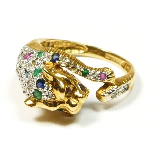 86 - An 18ct gold, diamond, ruby, emerald and sapphire leopard ring, by ZJ, London 1991, realistically mo... 