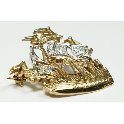 90 - A gold and diamond set galleon brooch, the sails set with 17 single cut stones, 3 x 3cm, 4.4gm