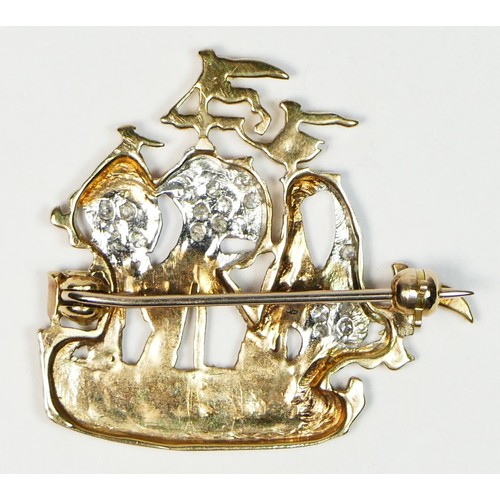 90 - A gold and diamond set galleon brooch, the sails set with 17 single cut stones, 3 x 3cm, 4.4gm