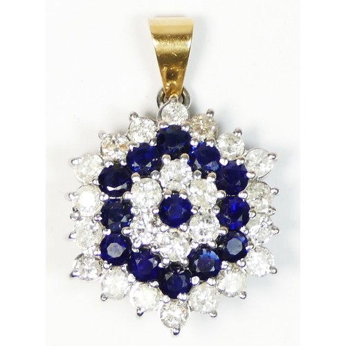 91 - An 18ct gold sapphire and diamond cluster pendant, unmarked, claw set with brilliant cut stones, app... 