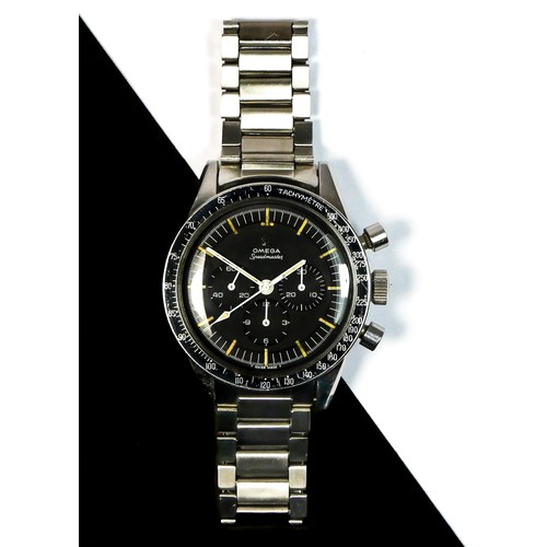 1965 Omega Speedmaster 'Ed White' ST 105 003-65, a stainless steel manual wind gentleman's wristwatch, matt black dial with luminous baton markers and a fifth of seconds track, three dials for seconds, 30-minute and 12-hour registers, buttons in the band to operate chronograph, the cal. 321 movement
signed and numbered 17,302,993, screw back with the Speedmaster sea horse monogram, inside back cover numbered 105.003-65 and signed Omega Watch Co, original Omega stainless steel bracelet with a deployant clasp numbered 7912, the last links being expandable, diameter 39mm, three extra links, original top button. 
No paperwork. 

The pre-moon Omega Speedmaster reference 105.003 also known as the 'Ed White' because it was the watch he wore during his historic spacewalk, becoming the first American ever to do so. This reference was made for a short period of time before the 145.012 reference that was chosen by NASA to accompany White's colleagues to the moon. Typical features of the "Ed White" pre-moon are the straight lugs, no crown guards and just signed on the dial Omega Speedmaster without the professional signature.