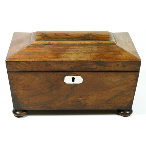 141 - A 19th century rosewood tea caddy, sarcophagus shaped with hinged domed cover revealing two lidded c... 