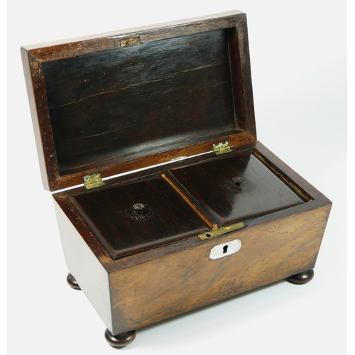 141 - A 19th century rosewood tea caddy, sarcophagus shaped with hinged domed cover revealing two lidded c... 