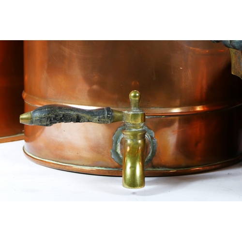 149 - An oval copper two handled lidded pan, 43 x 35cm, another 38 x 27cm, a circular pan and a hot water ... 