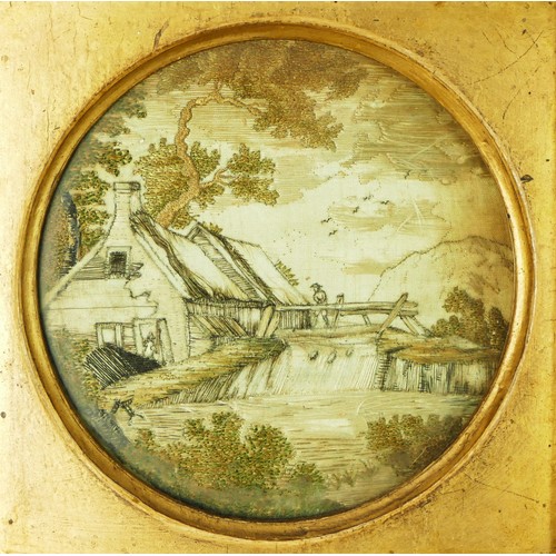 157 - A pair of early 19th century needlework panels, one depicting a fisherman by a mill, the other a cot... 