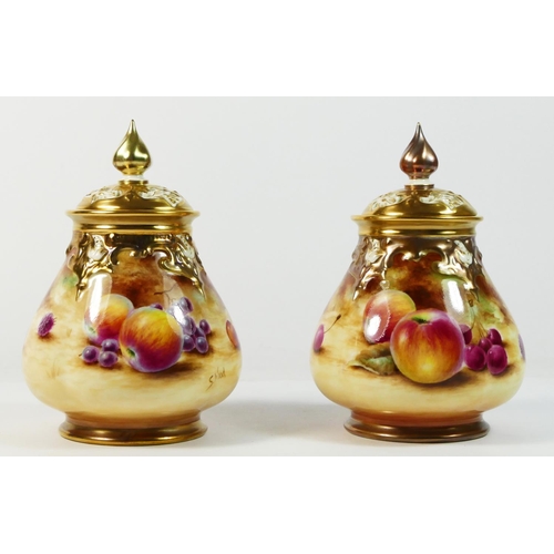 167 - Two Royal Worcester lidded tea cannisters, Painted Fruit Study, stamped H 291 A, artist signed by S.... 