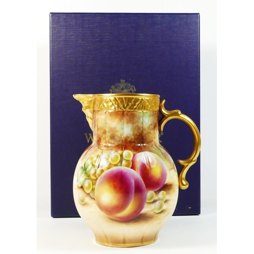 169 - A Royal Worcester jug, Painted Fruit, artist signed by S.Wood, 16.5cm tall, boxed with certificate, ... 