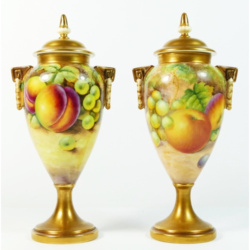 170 - Two Royal Worcester lidded twin handled urns, Painted Fruit Study, stamped 2713/3, artist signed by ... 