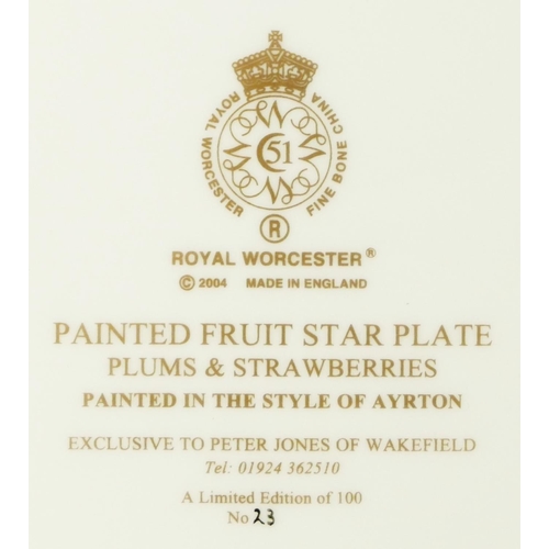 185 - A Royal Worcester star plate, Painted Fruit Plums & Strawberries, painted in the style of Ayrton, st... 