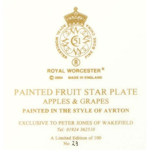 186 - A Royal Worcester star plate, Painted Fruit Apples & Grapes, painted in the style of Ayrton, stamped... 