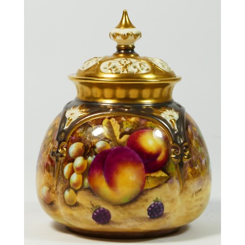 190 - A Royal Worcester pot pourri vase, Painted Fruits, signed by artist, A.Kendry, 12cm tall