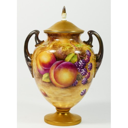 195 - A Royal Worcester twin handled lidded vase, Painted Fruits, signed by artist, T.Nutt, stamped on bas... 