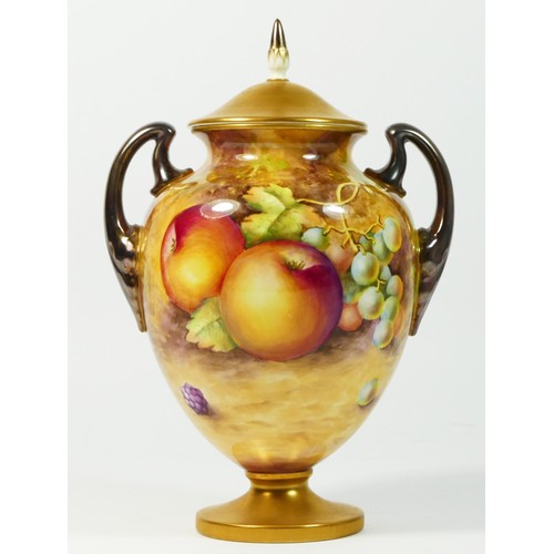 195 - A Royal Worcester twin handled lidded vase, Painted Fruits, signed by artist, T.Nutt, stamped on bas... 