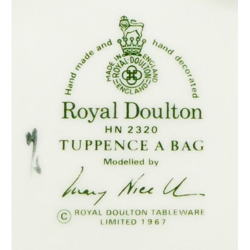 209 - Four Royal Doulton figures, to include Tuppence A Bag, stamped HN 2320, 13cm tall, boxed, Silks And ... 