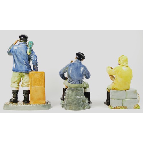 213 - Three Royal Doulton figures, to include All Aboard, HN 2490, 23cm tall, The Boatman, HN 2417, 17cm a... 