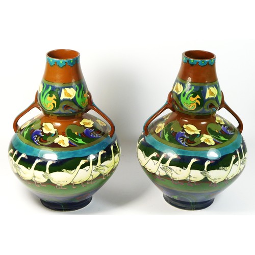 221 - A pair of Wileman & Co. Foley Intarsio two handled double gourd vases, designed by Frederick Rhead, ... 