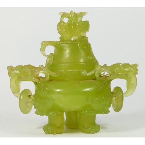 282 - Chinese ‘jade’ (serpentine) carved stone censor, the translucent green stone vessel with dragons hea... 