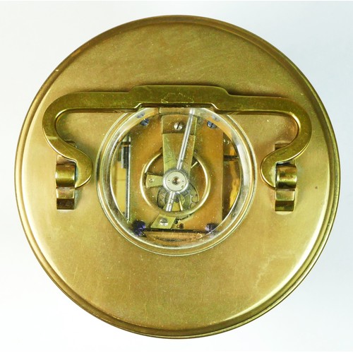 290 - An Edwardian French brass circular carriage time piece, with white enamel dial, diameter 8.5cm, hegh... 