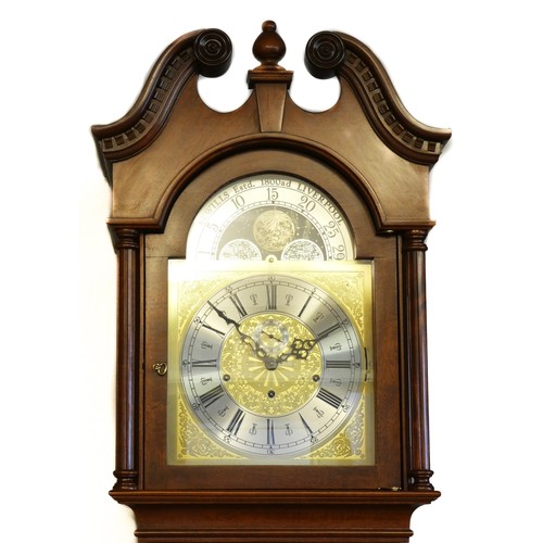 291 - A modern Westminster chime longcase clock by Sewills, the mahogany case with brass dial embossed gil... 