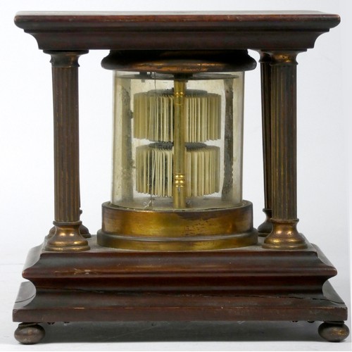 297 - A mahogany and brass 'Ticket' desk clock, of cylindrical form, housed by four reeded brass pillars o... 