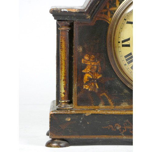 299 - An early 20th century arched mantel clock, gilt brass dial with roman numerals, in a gilded black la... 