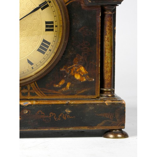 299 - An early 20th century arched mantel clock, gilt brass dial with roman numerals, in a gilded black la... 