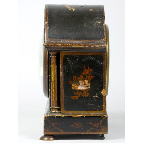 299 - An early 20th century arched mantel clock, gilt brass dial with roman numerals, in a gilded black la... 