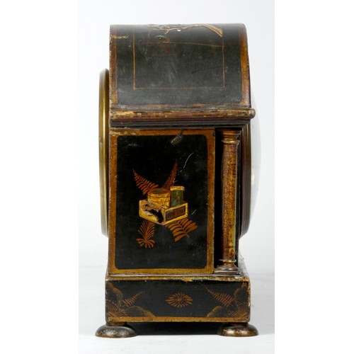 299 - An early 20th century arched mantel clock, gilt brass dial with roman numerals, in a gilded black la... 