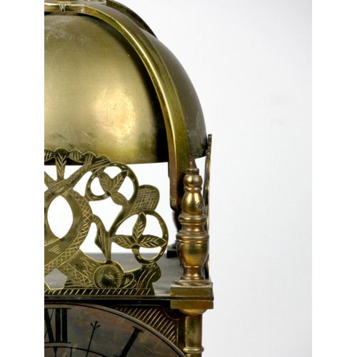 302 - A late 19th century French XVII Style Brass Lantern Clock, with finial top, circular dial, silvered ... 