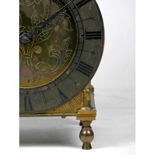 302 - A late 19th century French XVII Style Brass Lantern Clock, with finial top, circular dial, silvered ... 