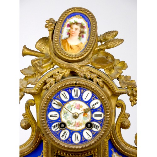 307 - A Louis XVI style gilt metal and sevres porcelain inset mantel clock, late 19th early 20th century, ... 