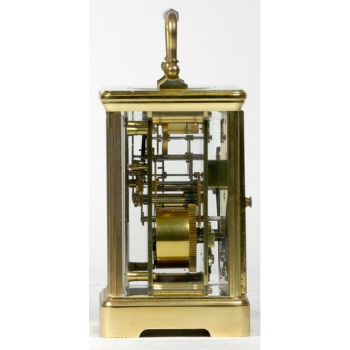 309 - A French brass carriage clock, of rectangular form, the enamelled dial with Roman numerals and inscr... 