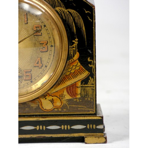 312 - A French gilded black lacquer chinoiserie alarm clock, early to mid 20th century, the case painted w... 