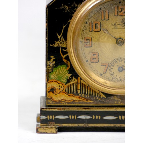 312 - A French gilded black lacquer chinoiserie alarm clock, early to mid 20th century, the case painted w... 