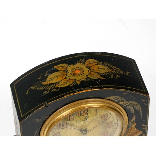 312 - A French gilded black lacquer chinoiserie alarm clock, early to mid 20th century, the case painted w... 