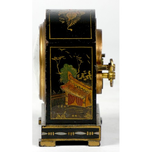 312 - A French gilded black lacquer chinoiserie alarm clock, early to mid 20th century, the case painted w... 