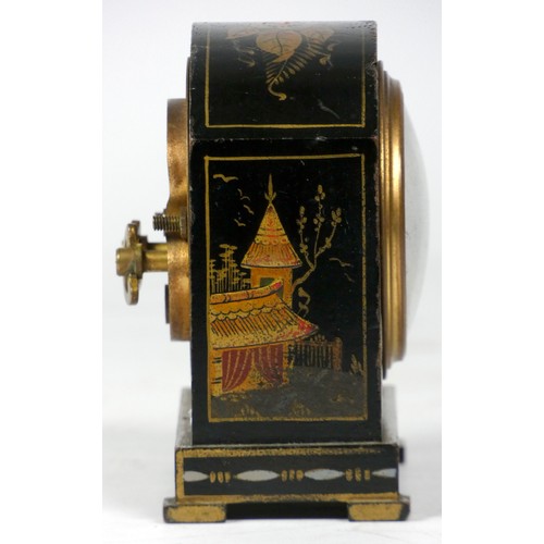 312 - A French gilded black lacquer chinoiserie alarm clock, early to mid 20th century, the case painted w... 