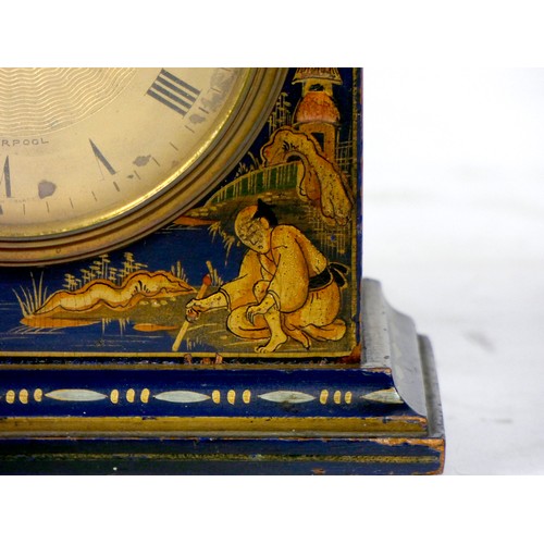 313 - A French gilded blue lacquer chinoiserie mantel clock, the painted case depicting oriental scenes, h... 