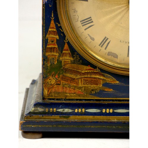 313 - A French gilded blue lacquer chinoiserie mantel clock, the painted case depicting oriental scenes, h... 