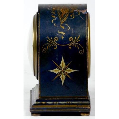 313 - A French gilded blue lacquer chinoiserie mantel clock, the painted case depicting oriental scenes, h... 