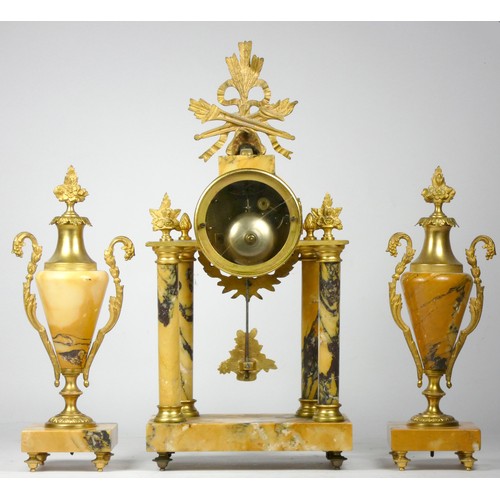 317 - A French Empire mid-19th century marble and gilt brass mounted clock garniture having an eight-day d... 