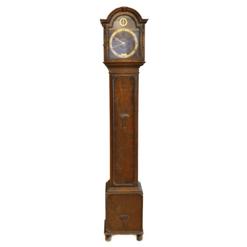 319 - A mid 20th century oak cased grandmother clock, having silvered dial bearing Roman numerals, with en... 