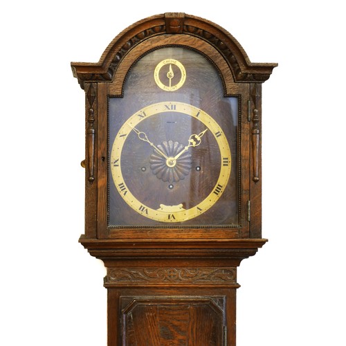 319 - A mid 20th century oak cased grandmother clock, having silvered dial bearing Roman numerals, with en... 