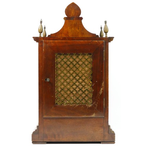 321 - A Victorian mahogany and burr walnut German bracket clock, the bell-top case above four urn finials ... 