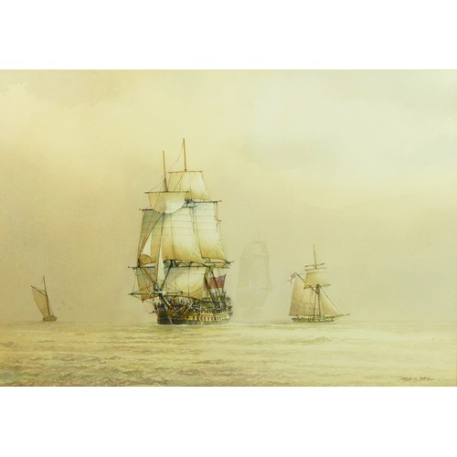 335 - David C. Bell (b.1950), British Man o War, watercolour, signed, 31 x 45cm.